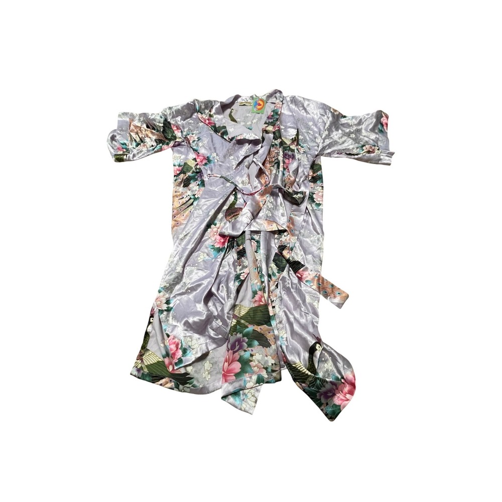Oriental Village Vintage Silk‎ Kimono Robe Purple Floral Peacock Purple OS I07